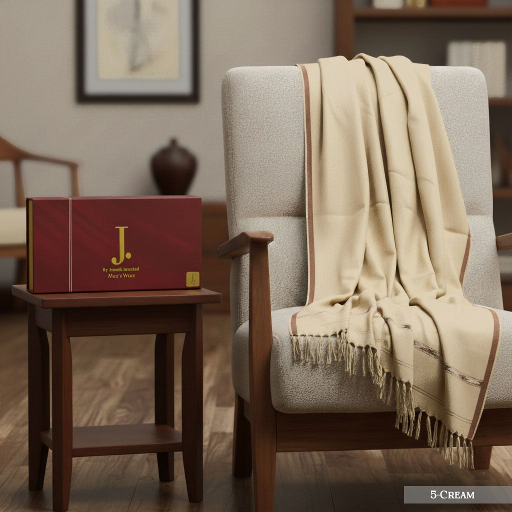 J. PREMIUM WOOL SHAWL FOR MENS WITH LUXURY GIFT BOX & BAG ( Cream )