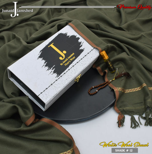 J. PREMIUM WOOL SHAWL FOR MEN WITH LUXURY BOX & BAG +GIFT TASBEH & ATAR ( Olive )