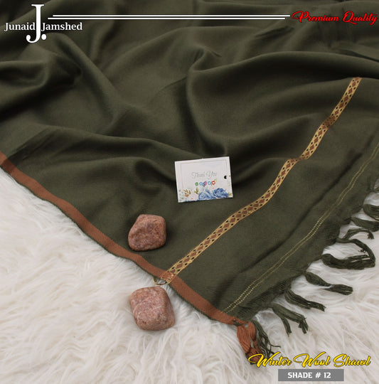 J. JUNAID JAMSHED MENS SOFT WOOL SHAWL WITH J. BAG  + J.CARD + J.TAG   ( OLIVE )